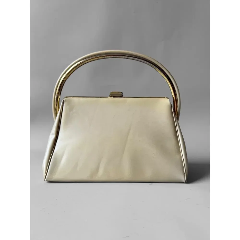 50s Structured Box Bag Cream Vinyl Gorgeous Hardware Handle Mid-Century Mad Men